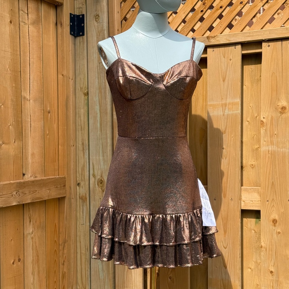 🆕 DRESS THE POPULATION 🧿 NWT Arden Fit and Flare Mini Dress, Brown Bronze Sz M - Picture 3 of 17